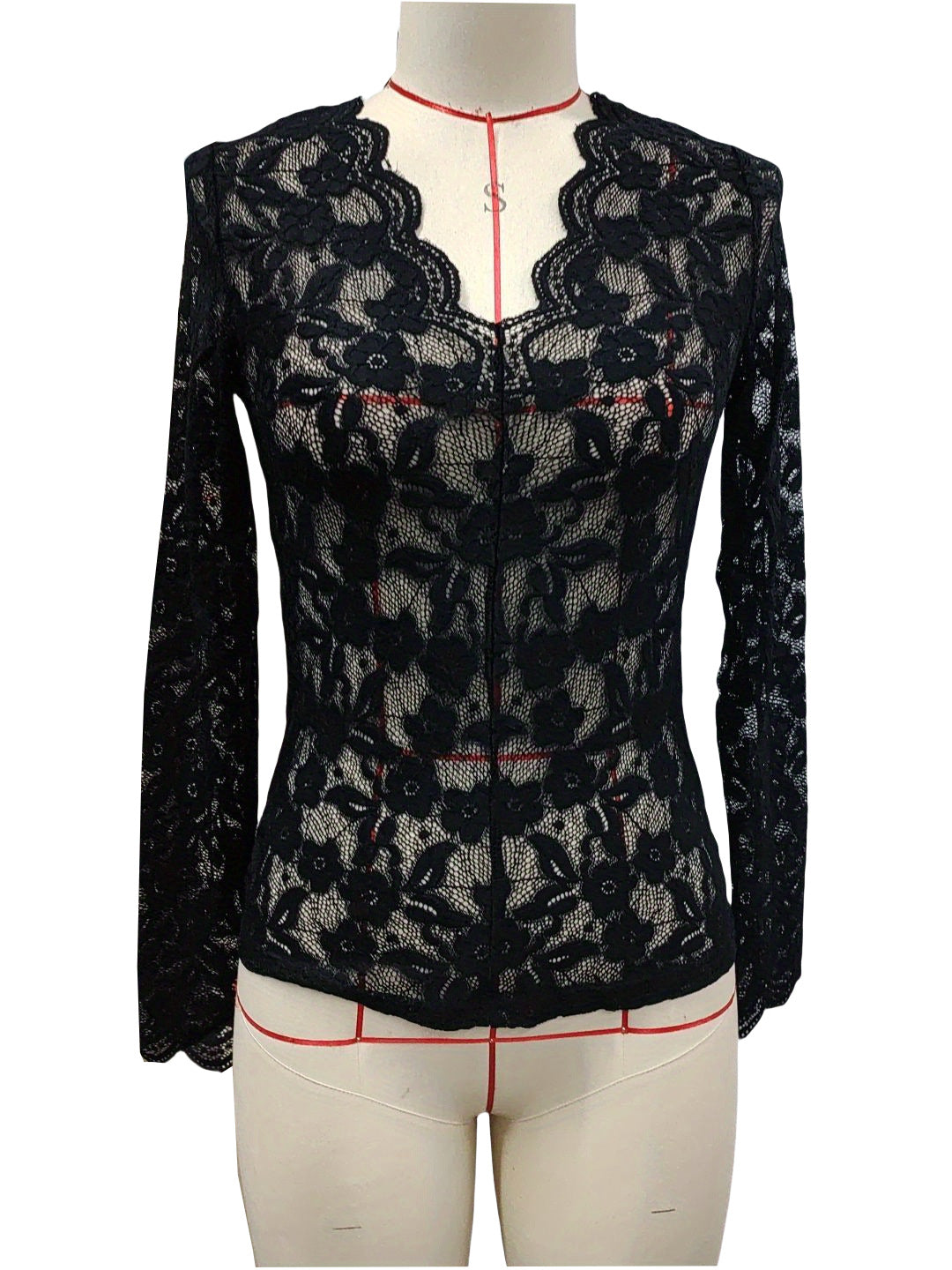 Scalloped V Neck Floral Lace Blouse - Black