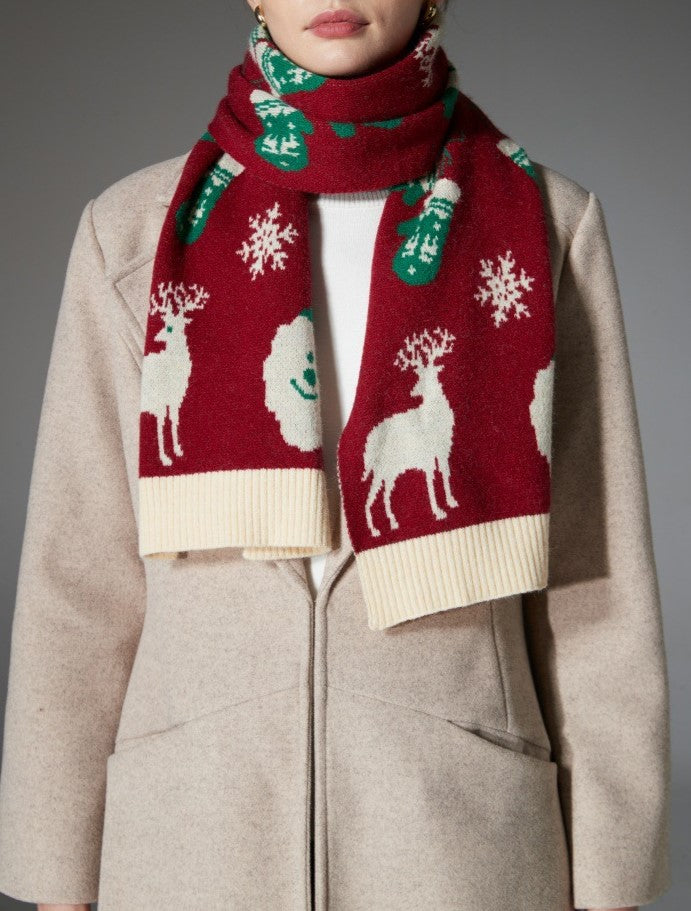 Festive Reindeer And Snowflake Knit Scarf - Red - 2