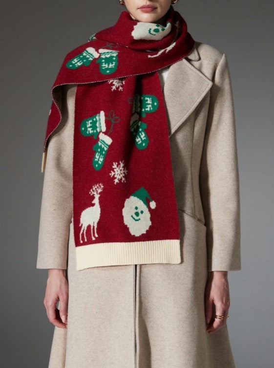 Festive Reindeer And Snowflake Knit Scarf - Red - 6