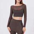 Sheer Mesh Layered Padded Long Sleeve Yoga Crop Top - Chocolate