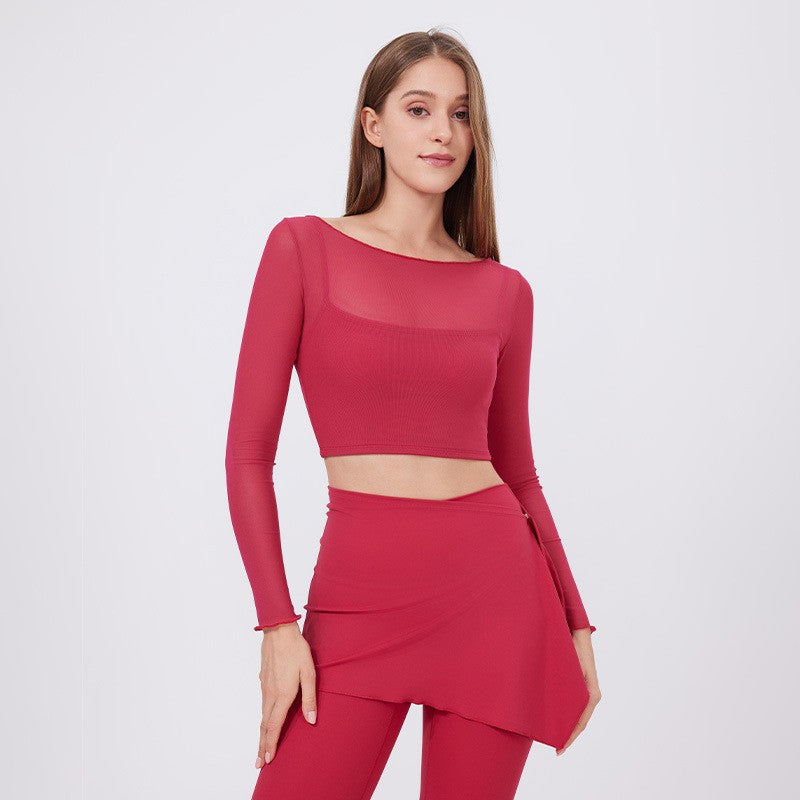 Sheer Mesh Layered Padded Long Sleeve Yoga Crop Top