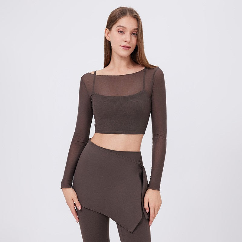 Sheer Mesh Layered Padded Long Sleeve Yoga Crop Top