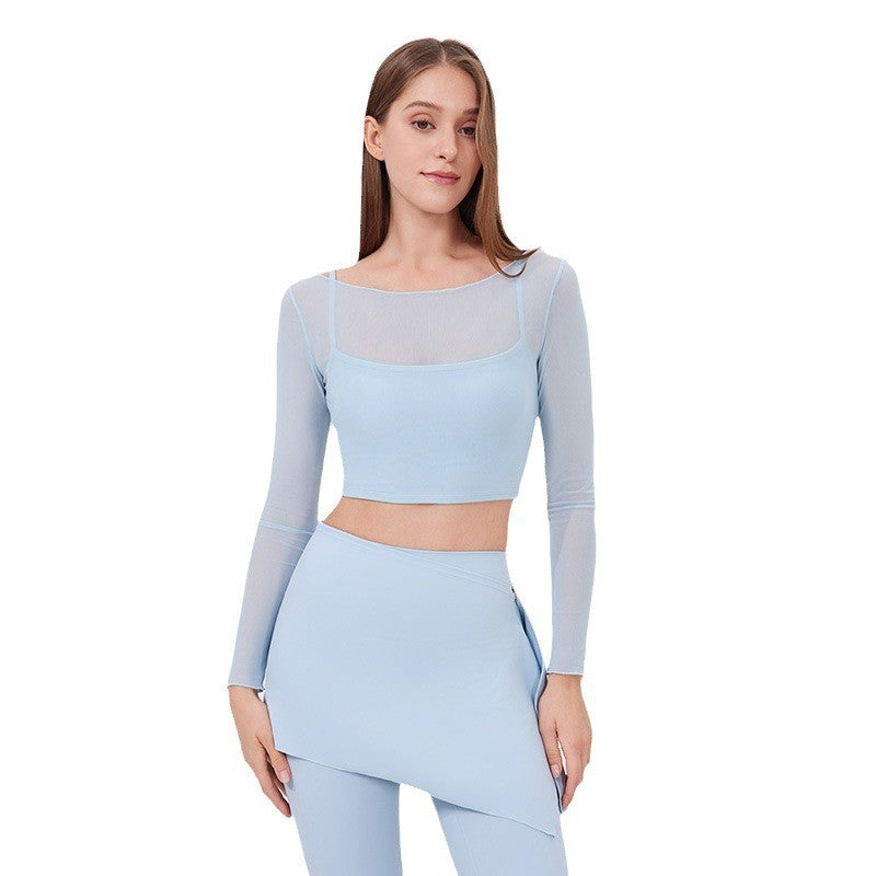 Sheer Mesh Layered Padded Long Sleeve Yoga Crop Top