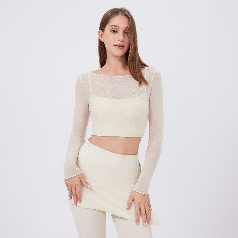 Sheer Mesh Layered Padded Long Sleeve Yoga Crop Top
