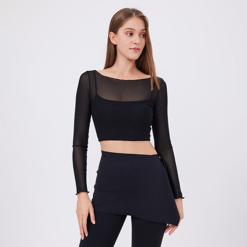 Sheer Mesh Layered Padded Long Sleeve Yoga Crop Top