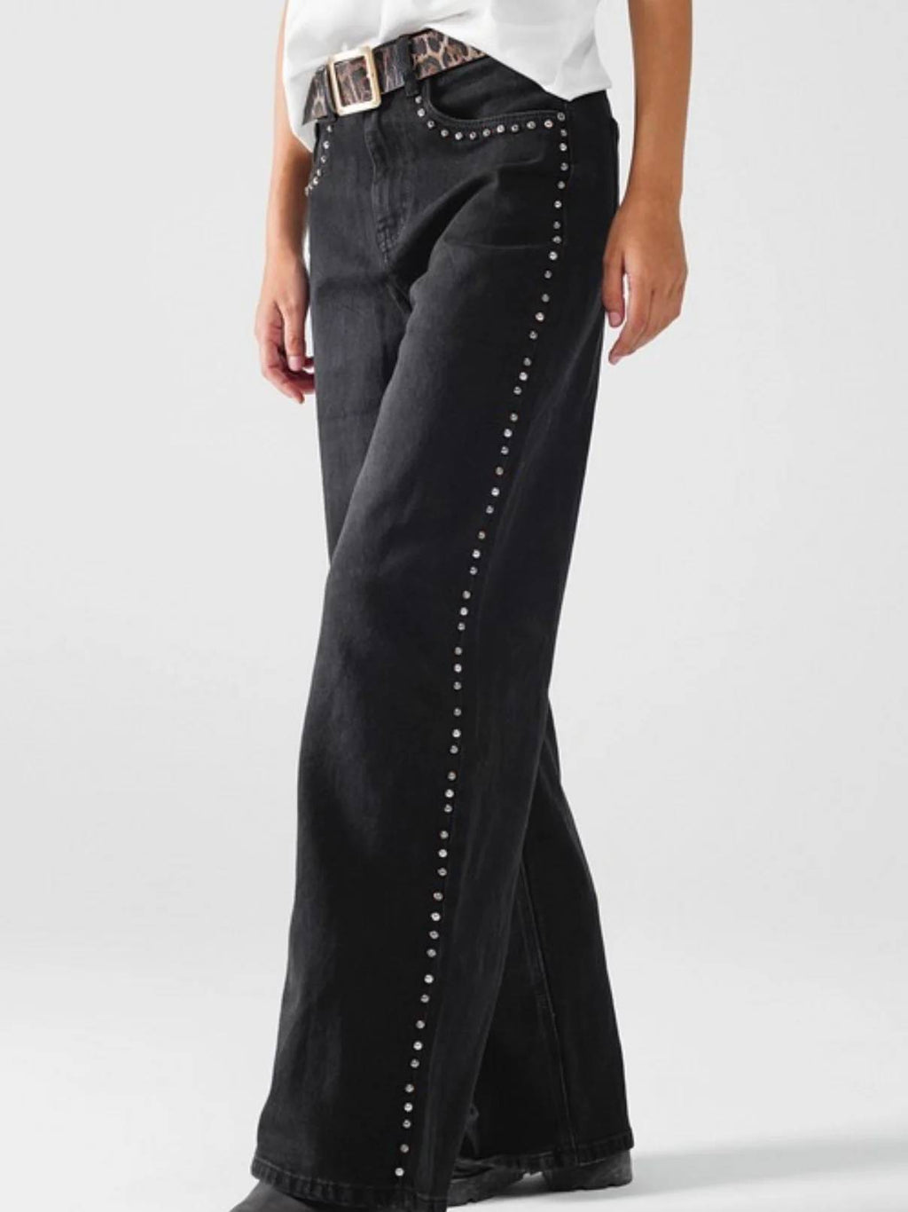 Studded Seam Wide Leg Jeans - Black