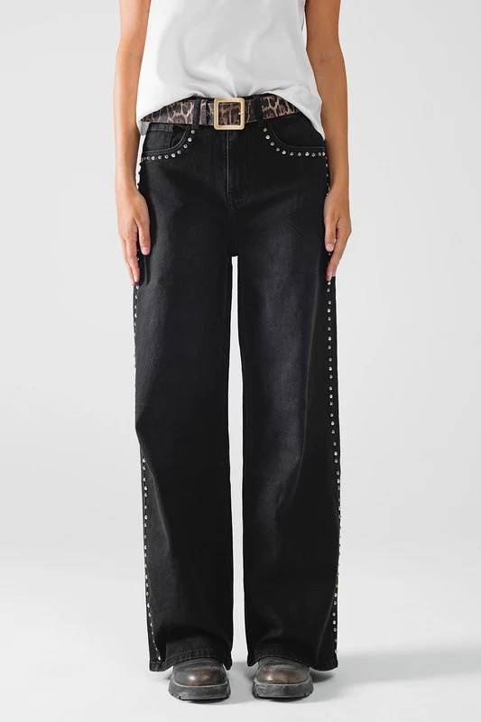 Studded Seam Wide Leg Jeans - Black - 1