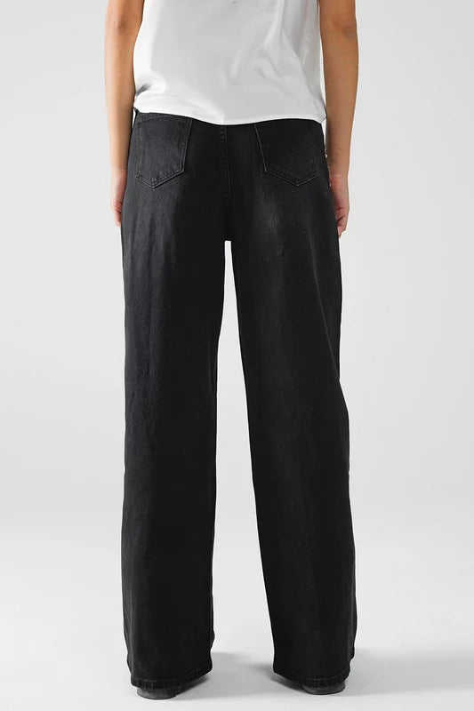 Studded Seam Wide Leg Jeans - Black - 2