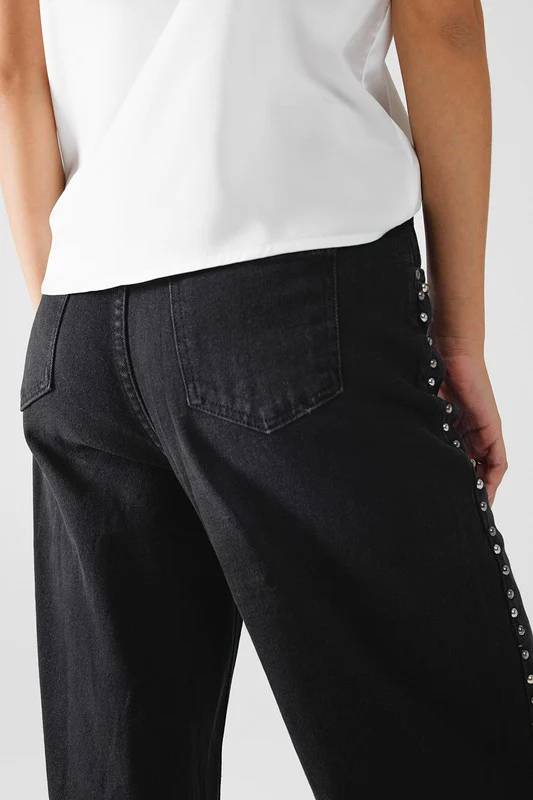 Studded Seam Wide Leg Jeans - Black - 3