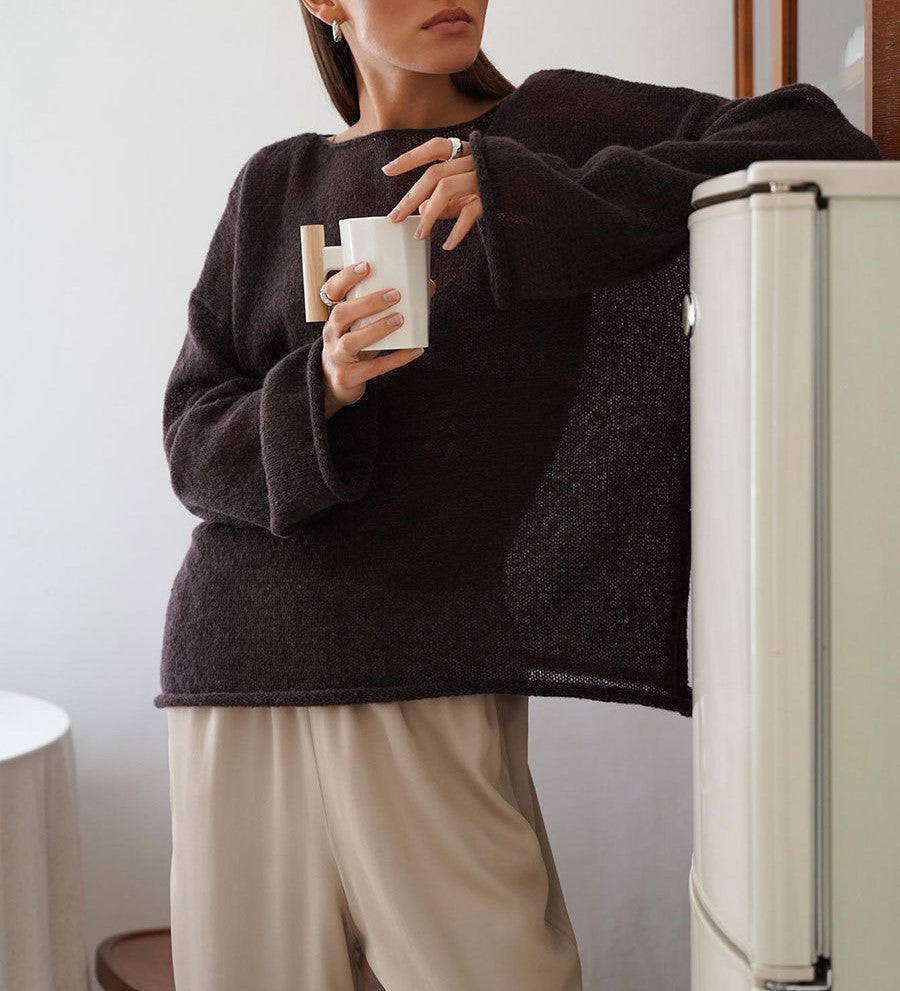Sheer Flared Sleeve Oversized Knit Top - Brown