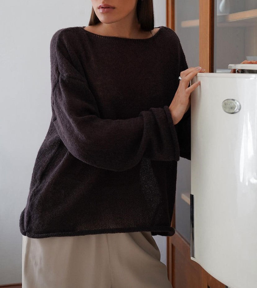Sheer Flared Sleeve Oversized Knit Top - Brown - 1
