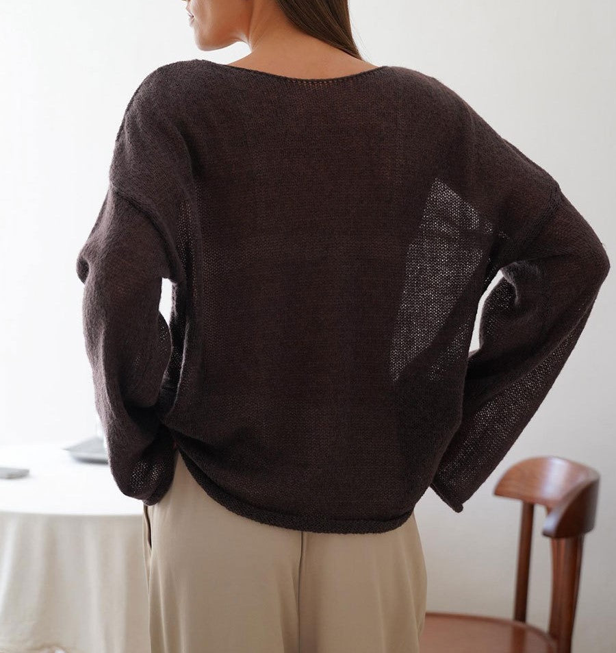 Sheer Flared Sleeve Oversized Knit Top - Brown - 2