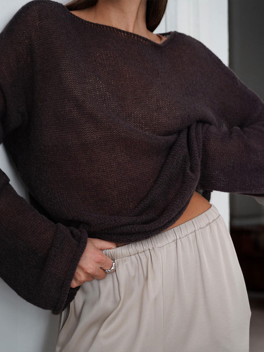 Sheer Flared Sleeve Oversized Knit Top - Brown - 4