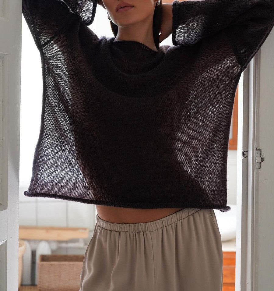 Sheer Flared Sleeve Oversized Knit Top - Brown - 5