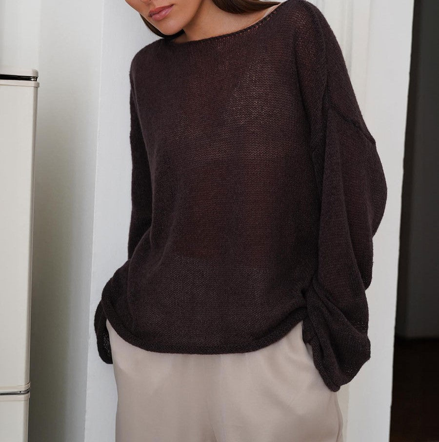 Sheer Flared Sleeve Oversized Knit Top - Brown - 6