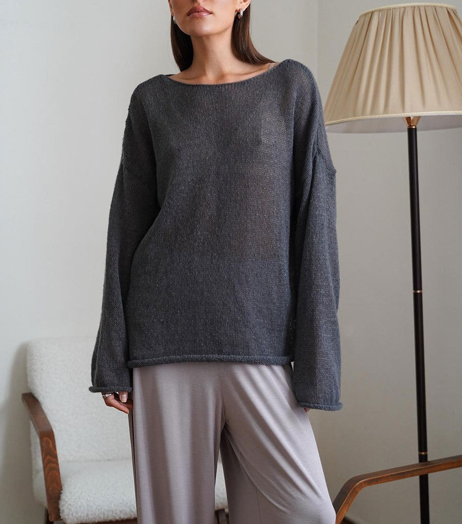 Sheer Flared Sleeve Oversized Knit Top - Dark Grey