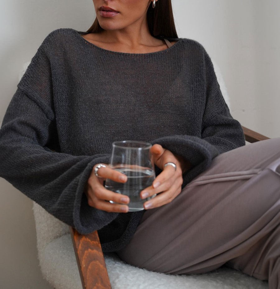 Sheer Flared Sleeve Oversized Knit Top - Dark Grey - 1