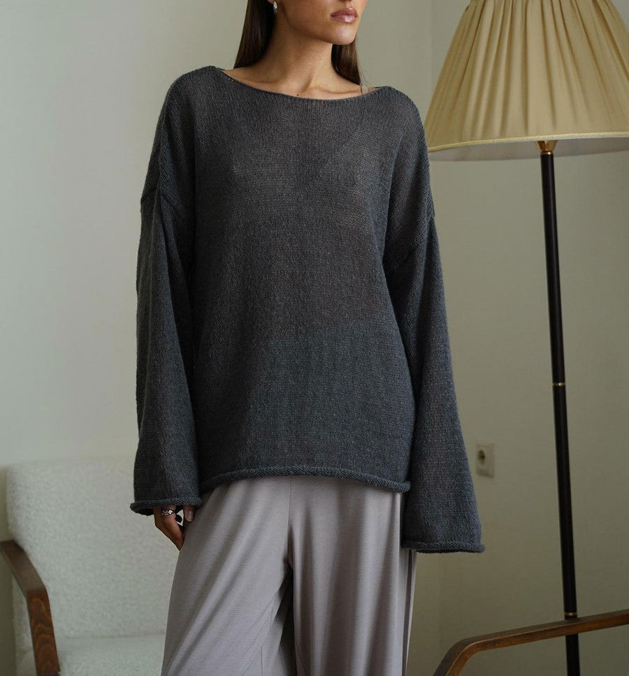 Sheer Flared Sleeve Oversized Knit Top - Dark Grey - 2
