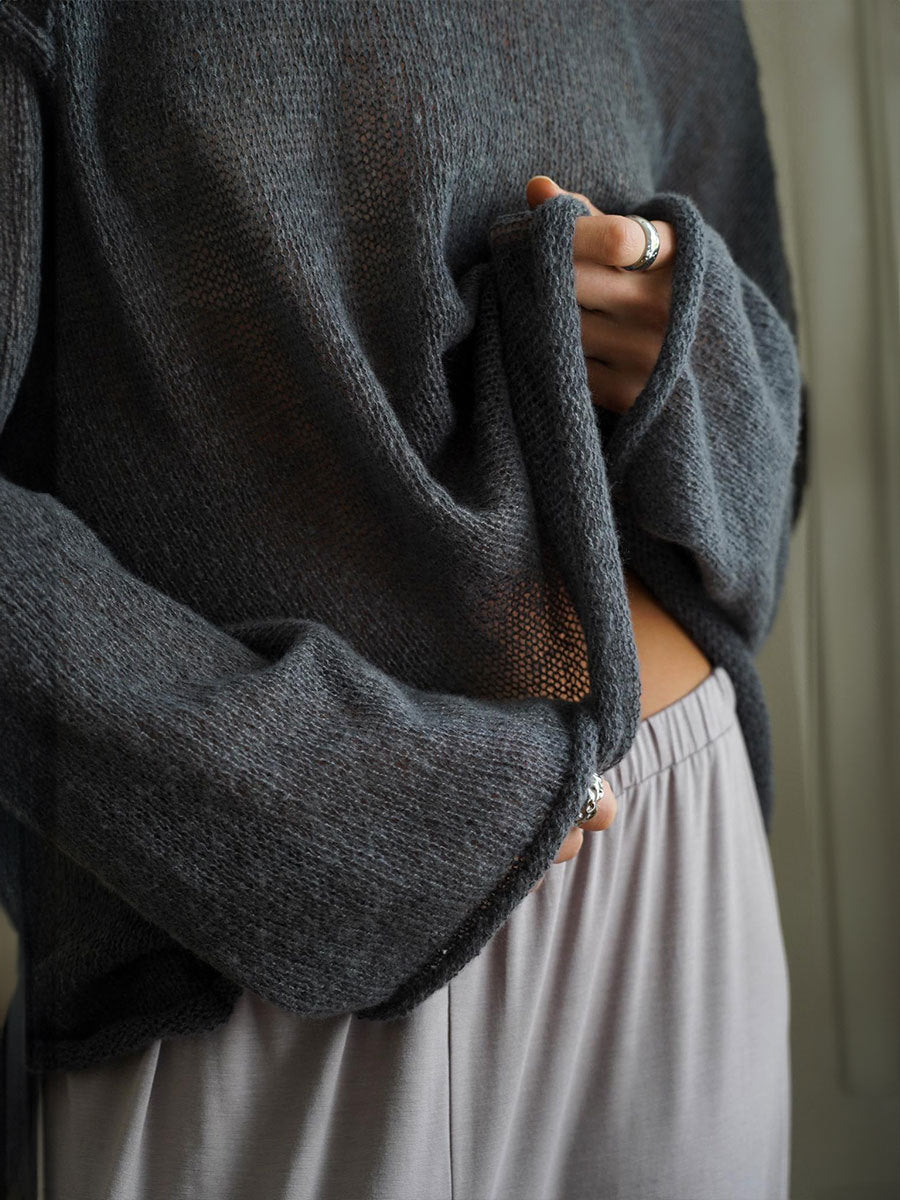Sheer Flared Sleeve Oversized Knit Top - Dark Grey - 4