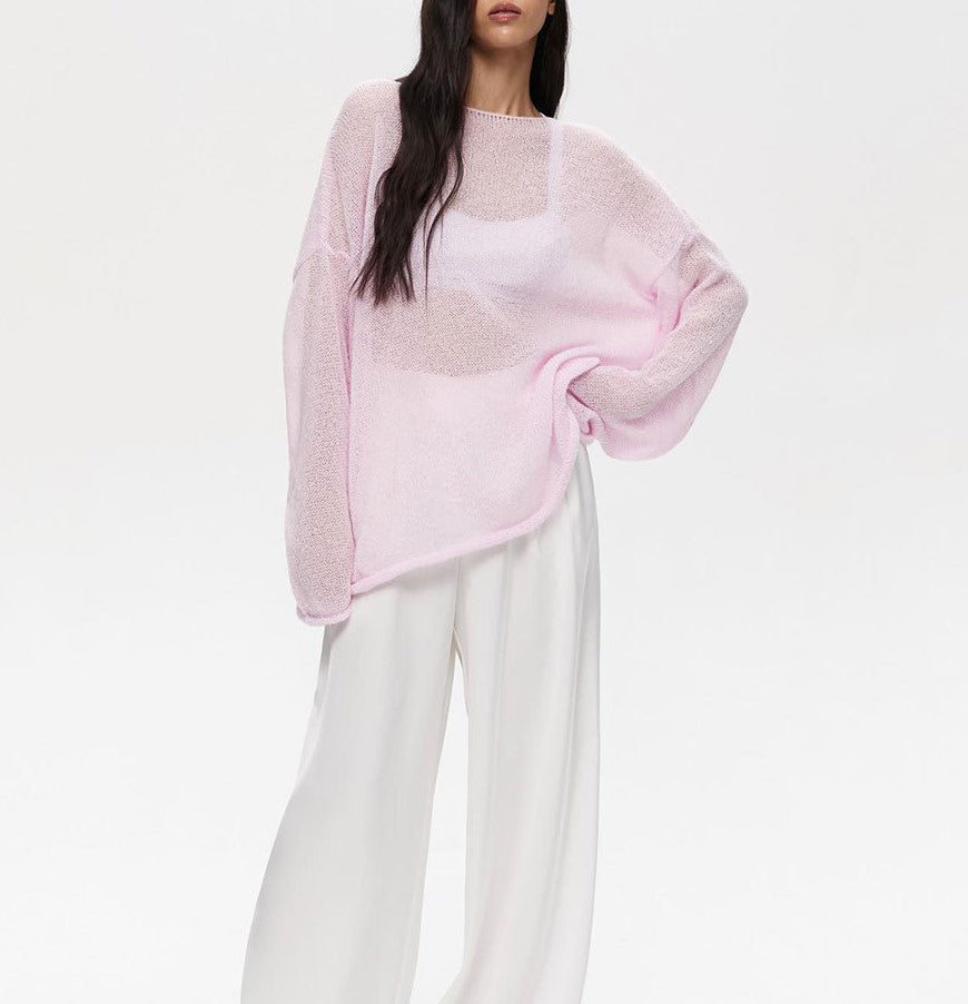 Sheer Flared Sleeve Oversized Knit Top - Pink