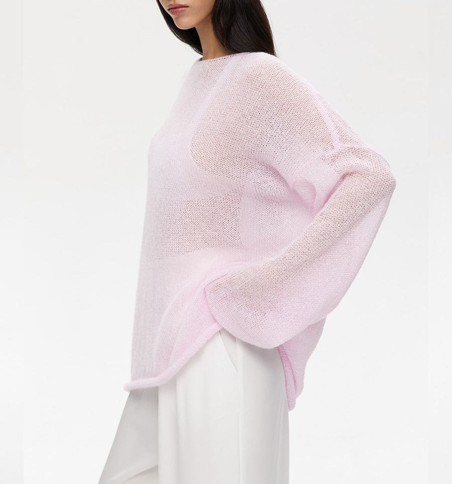 Sheer Flared Sleeve Oversized Knit Top - Pink - 2