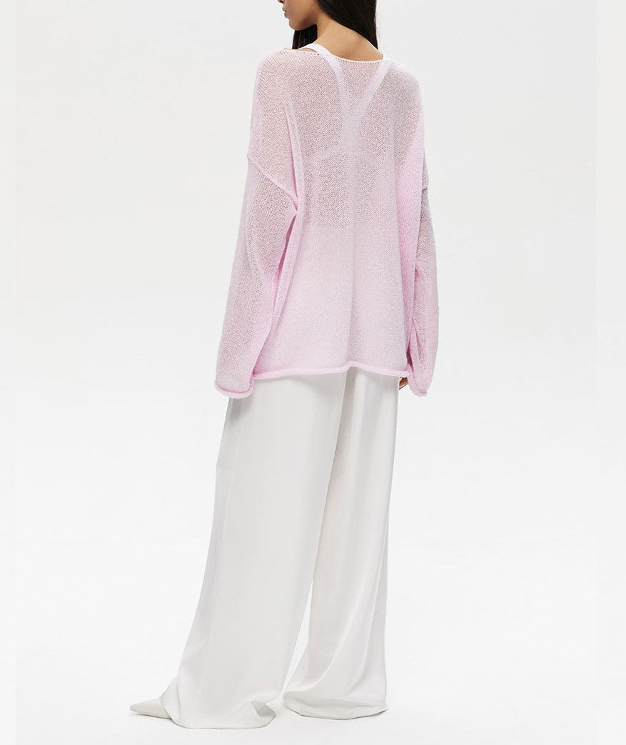 Sheer Flared Sleeve Oversized Knit Top - Pink - 3