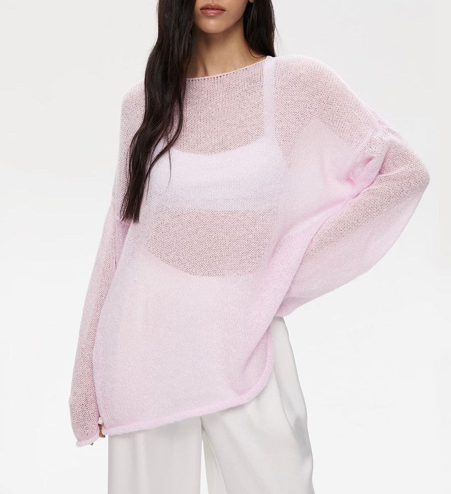 Sheer Flared Sleeve Oversized Knit Top - Pink - 4