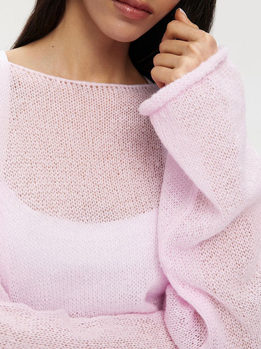 Sheer Flared Sleeve Oversized Knit Top - Pink - 5