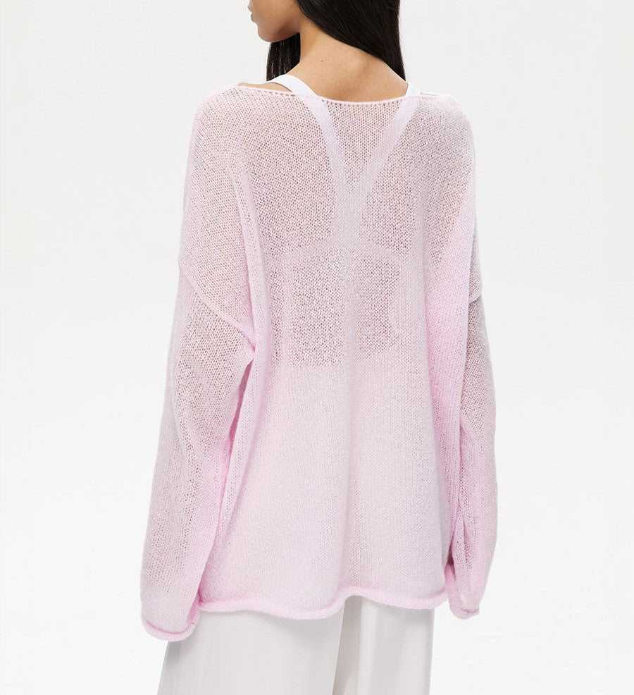 Sheer Flared Sleeve Oversized Knit Top - Pink - 7