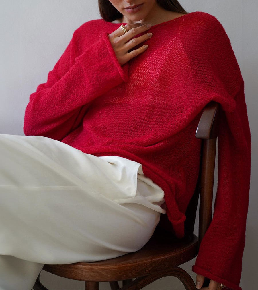 Sheer Flared Sleeve Oversized Knit Top - Red