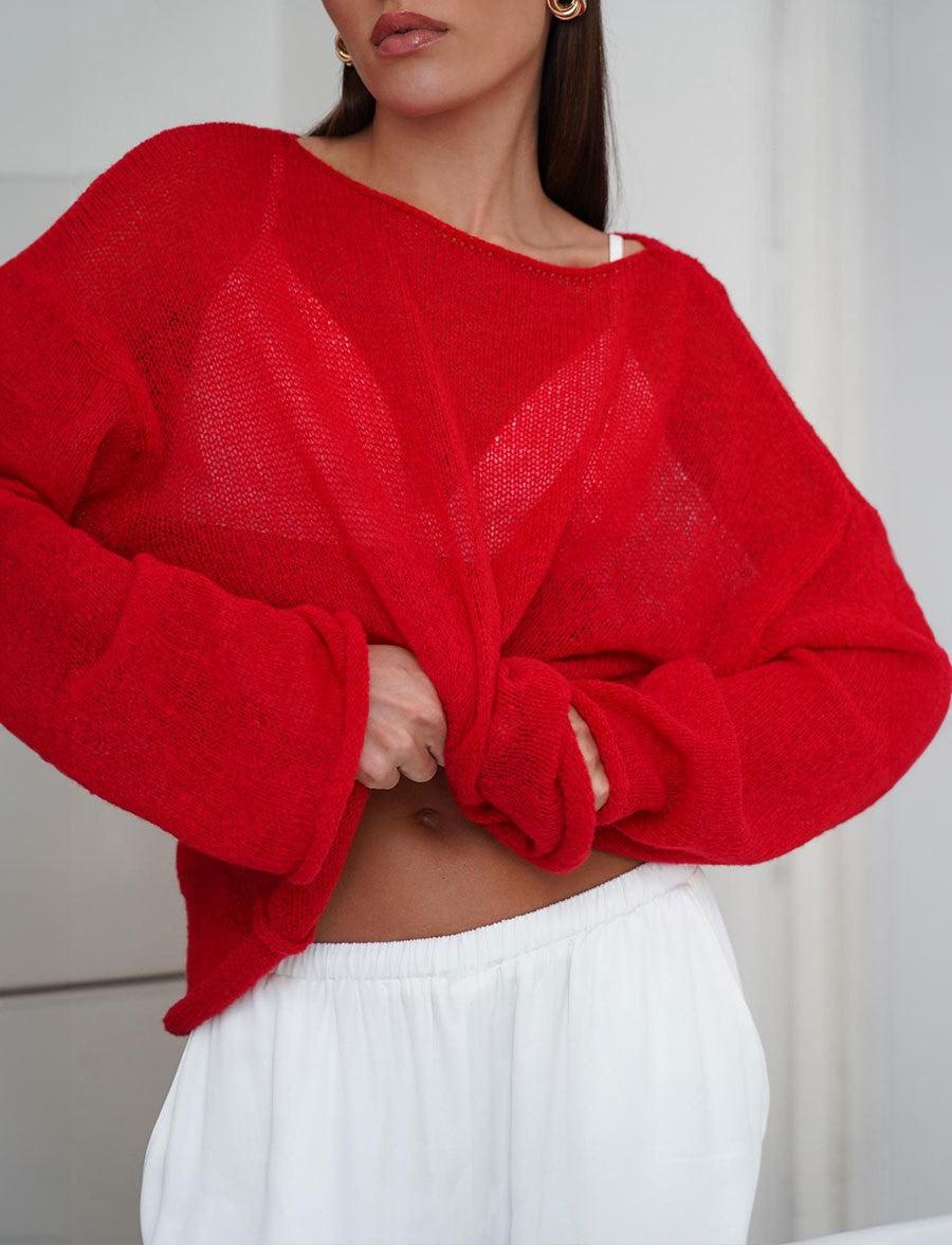 Sheer Flared Sleeve Oversized Knit Top - Red - 1