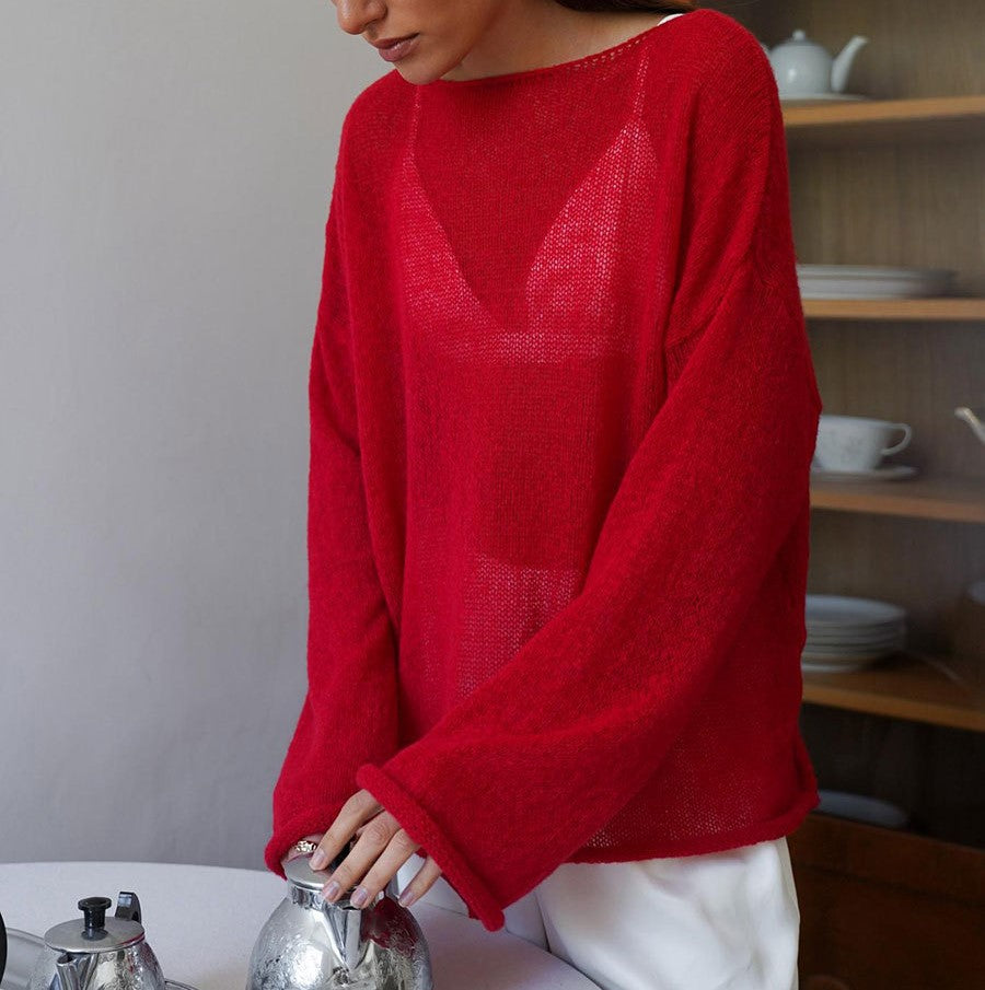 Sheer Flared Sleeve Oversized Knit Top - Red - 3