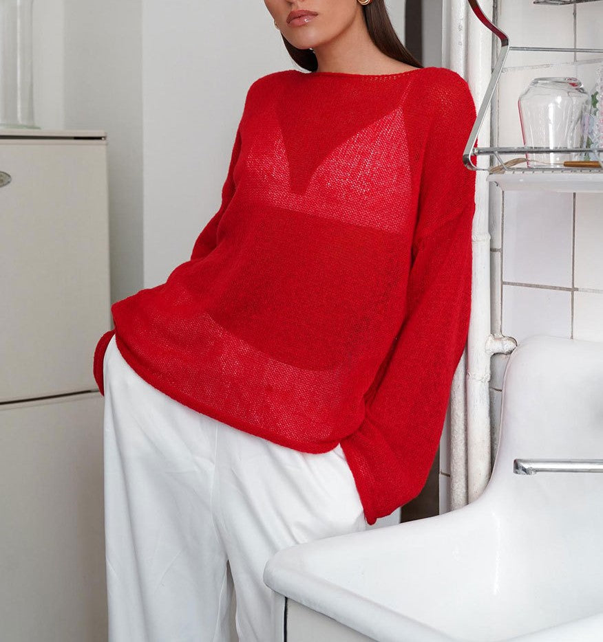 Sheer Flared Sleeve Oversized Knit Top - Red - 4