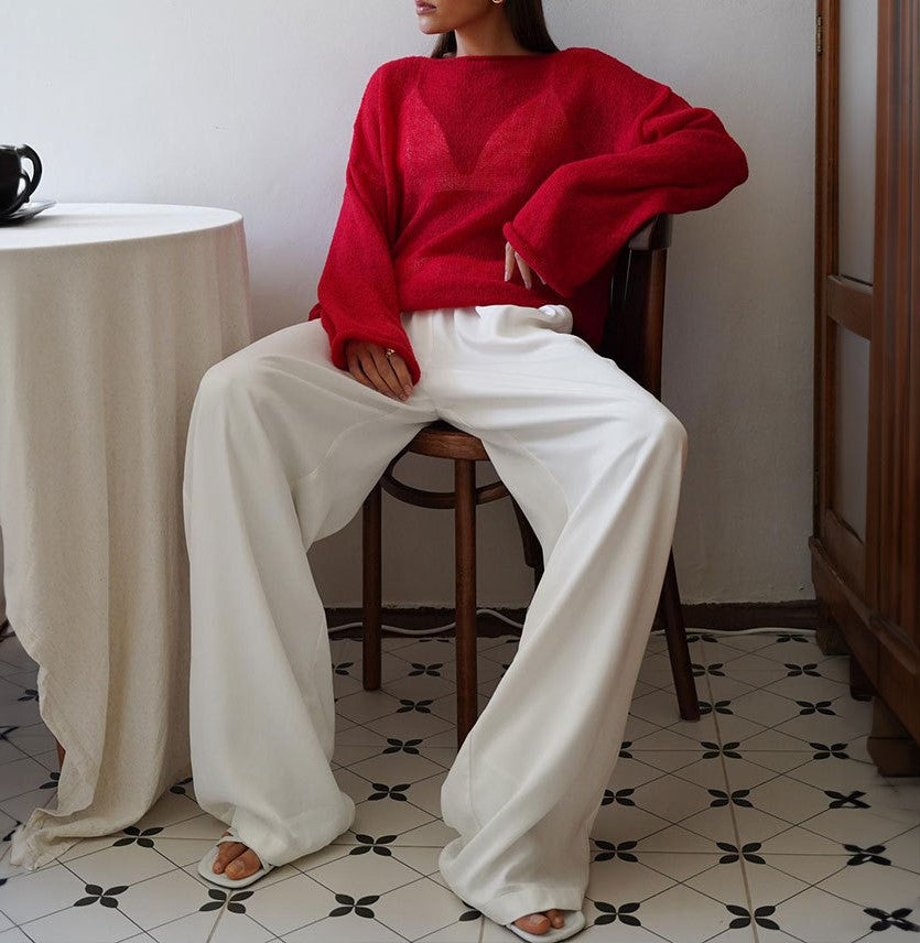 Sheer Flared Sleeve Oversized Knit Top - Red - 6