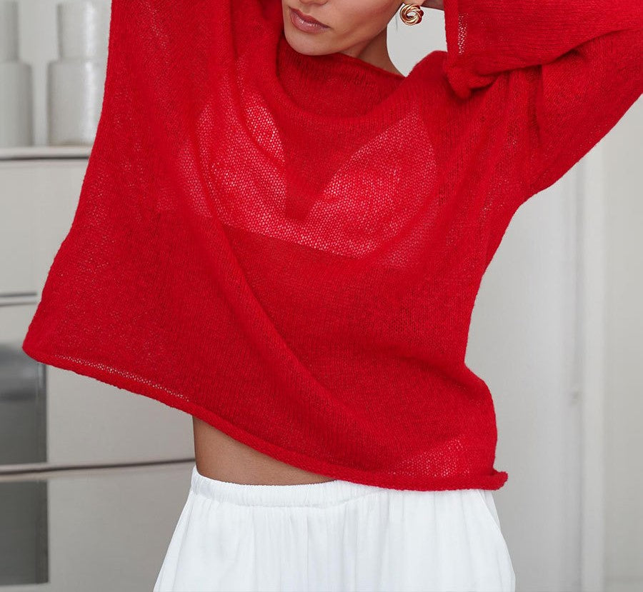 Sheer Flared Sleeve Oversized Knit Top - Red - 7