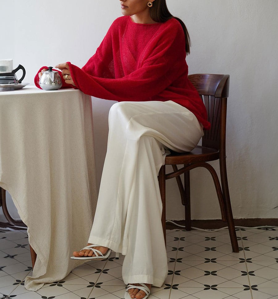 Sheer Flared Sleeve Oversized Knit Top - Red - 9