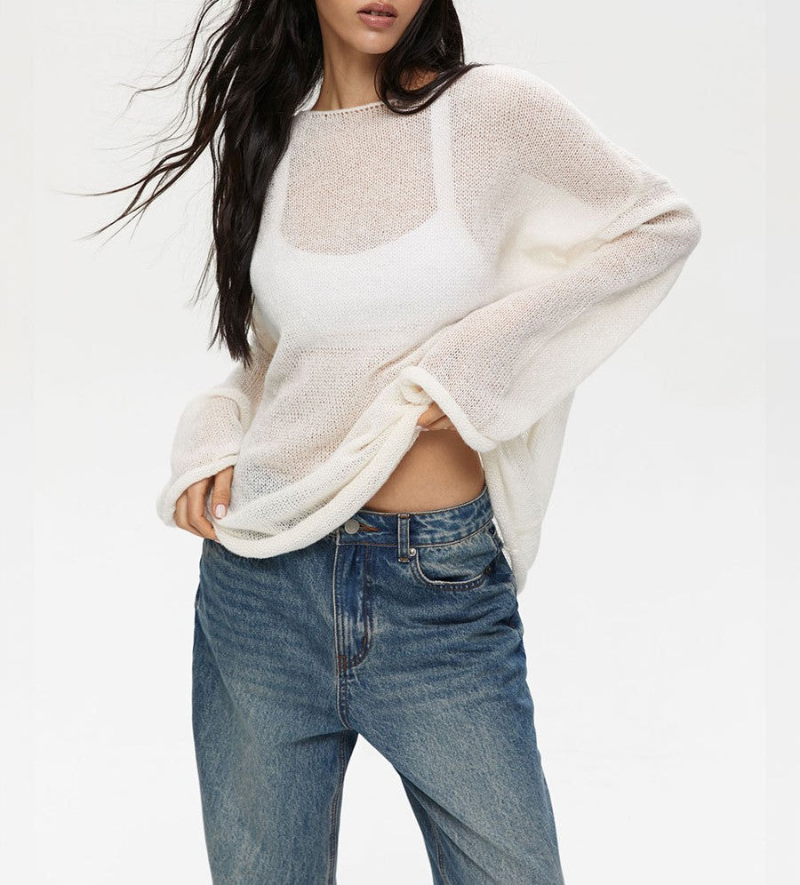 Sheer Flared Sleeve Oversized Knit Top - White
