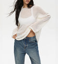 Sheer Flared Sleeve Oversized Knit Top - White