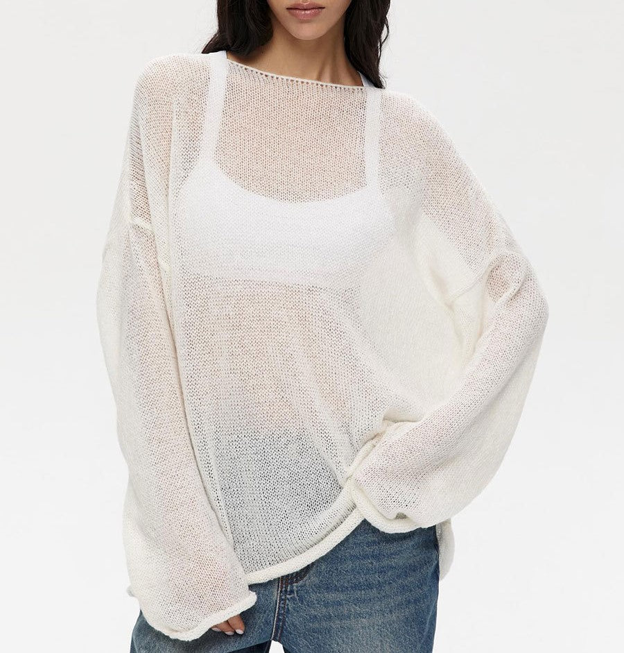 Sheer Flared Sleeve Oversized Knit Top - White - 11