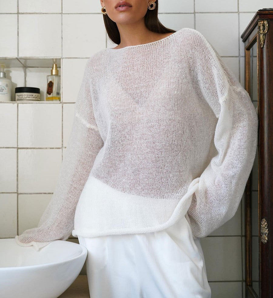 Sheer Flared Sleeve Oversized Knit Top - White - 12