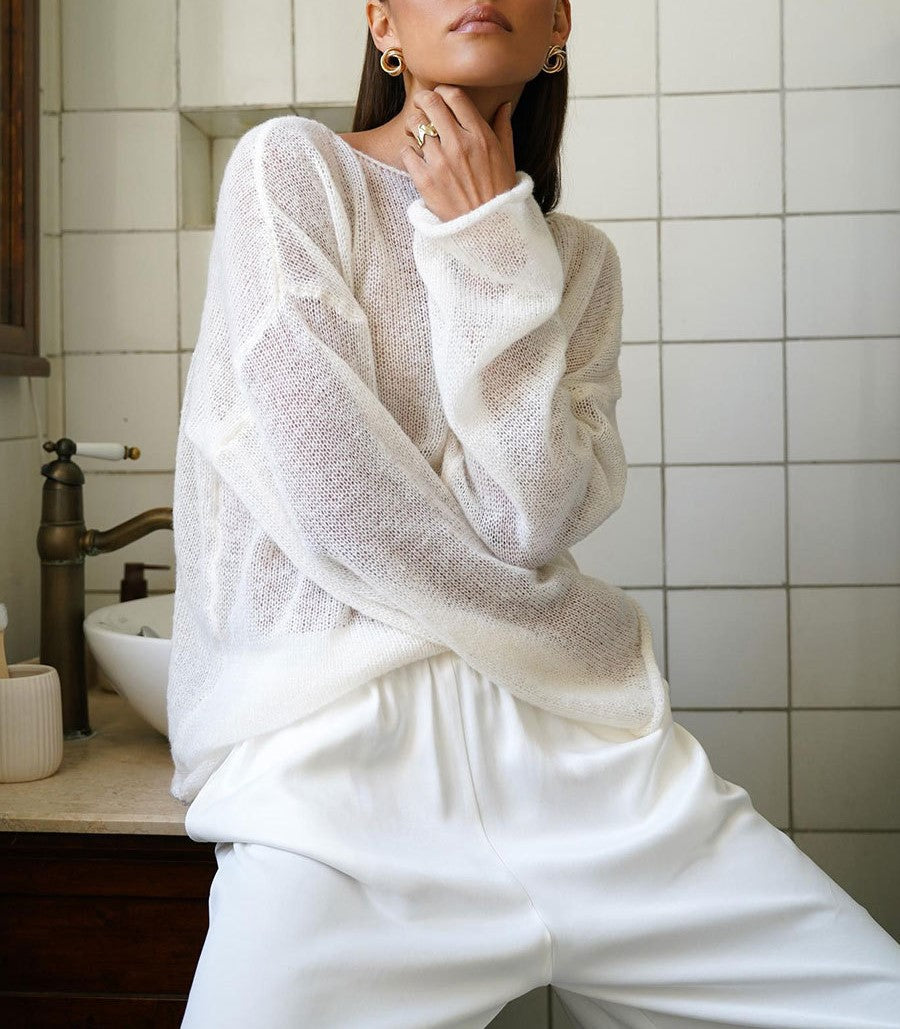 Sheer Flared Sleeve Oversized Knit Top - White - 13