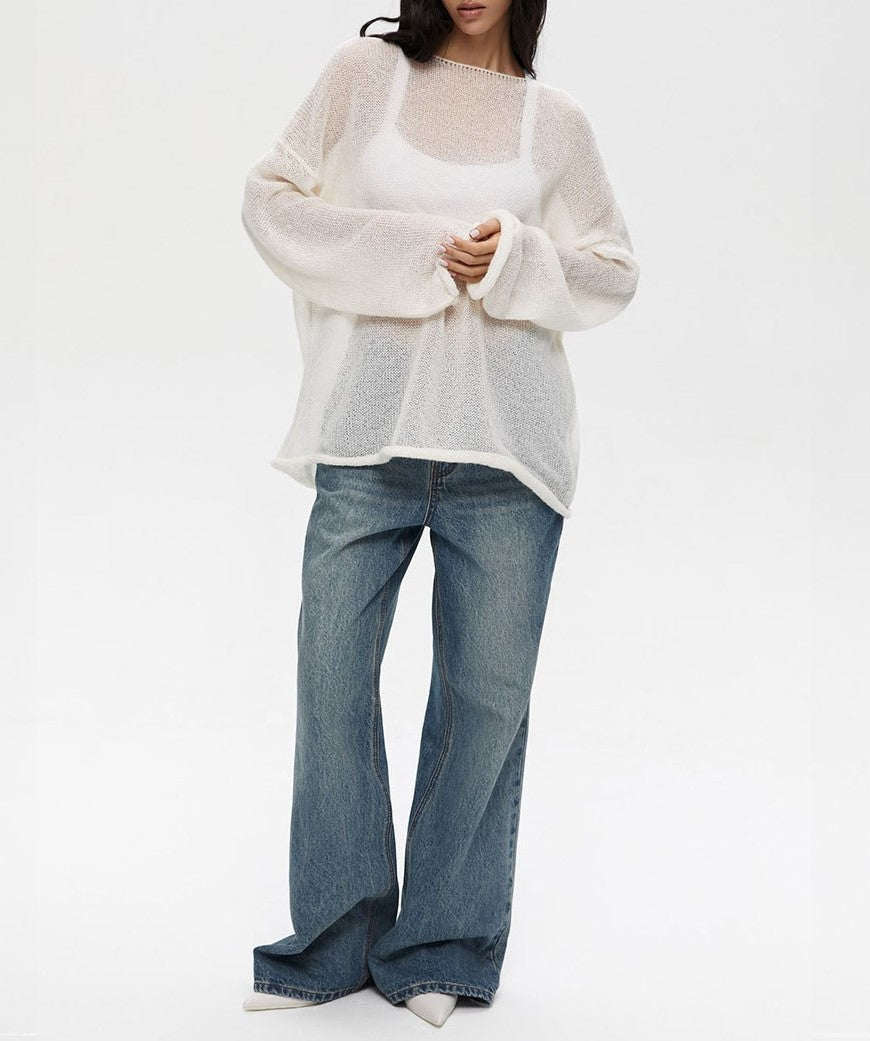 Sheer Flared Sleeve Oversized Knit Top - White - 14