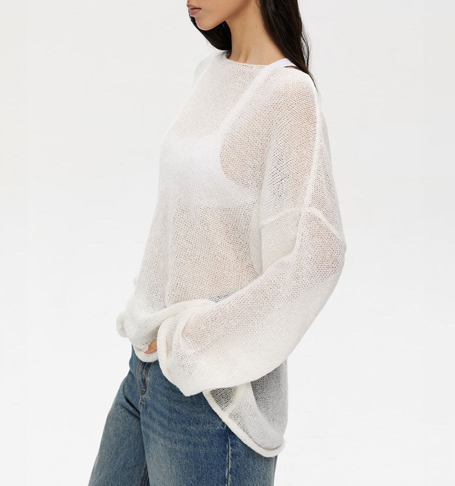 Sheer Flared Sleeve Oversized Knit Top - White - 3