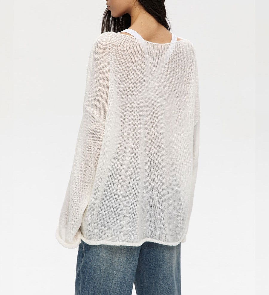 Sheer Flared Sleeve Oversized Knit Top - White - 4