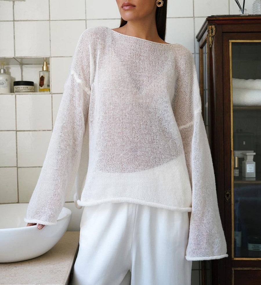Sheer Flared Sleeve Oversized Knit Top - White - 6