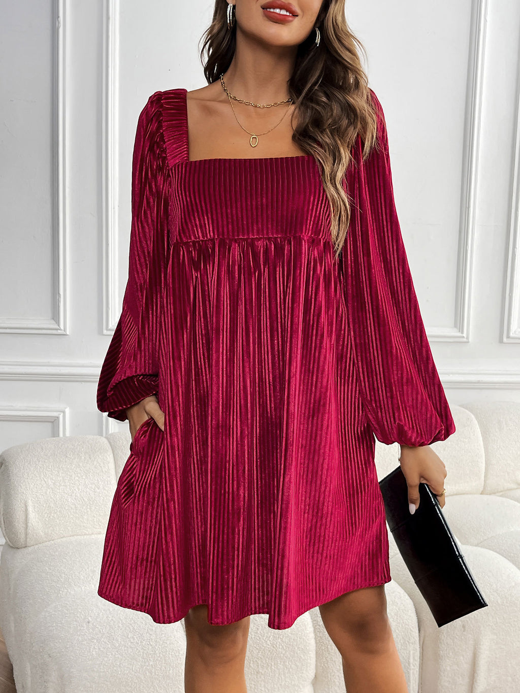Pleated Velvet Square Neck Babydoll Dress - WineRed