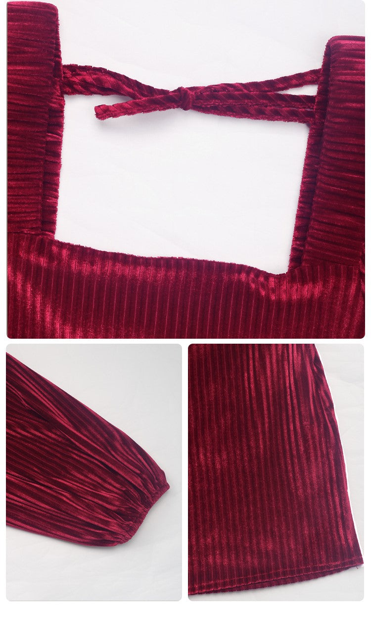 Pleated Velvet Square Neck Babydoll Dress - WineRed - 5