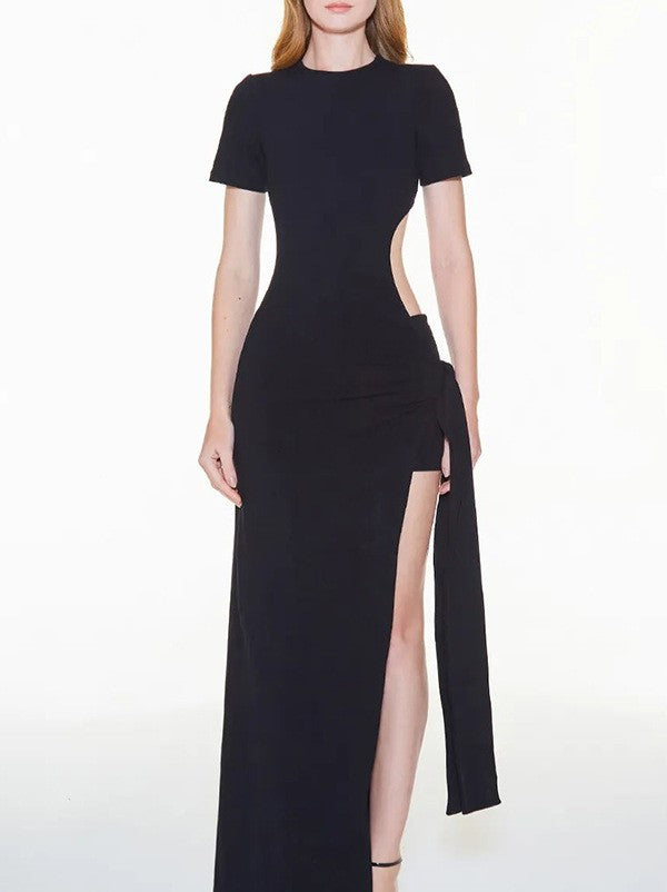 Waist Cut Out Knot High Slit Maxi Dress - Black