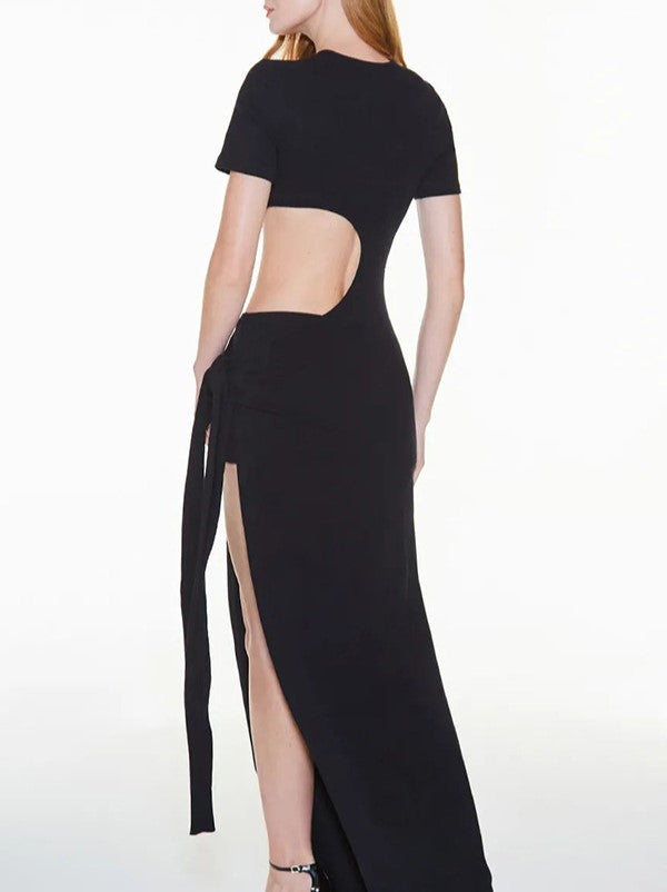 Waist Cut Out Knot High Slit Maxi Dress - Black - 1