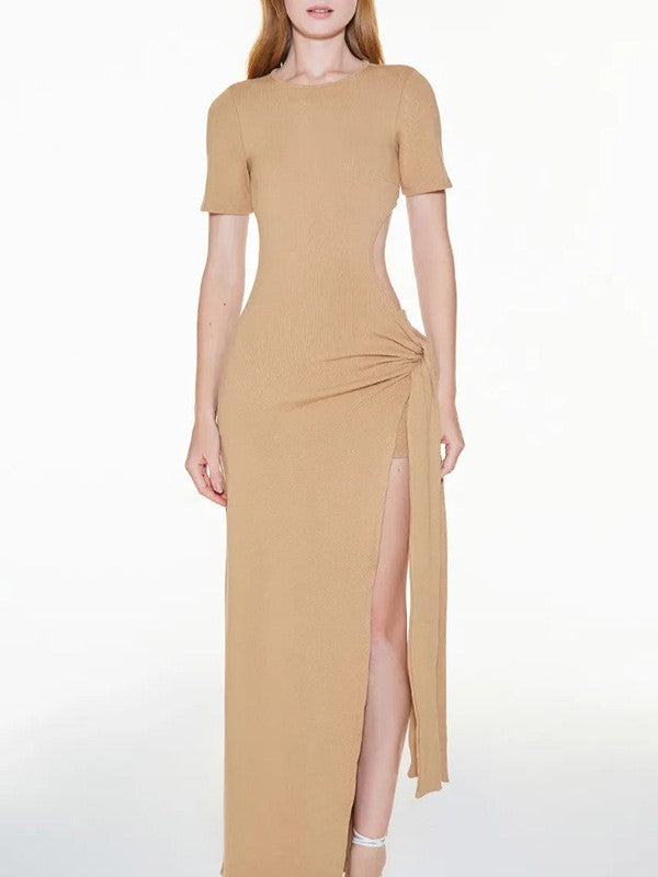 Waist Cut Out Knot High Slit Maxi Dress - Khaki - 1